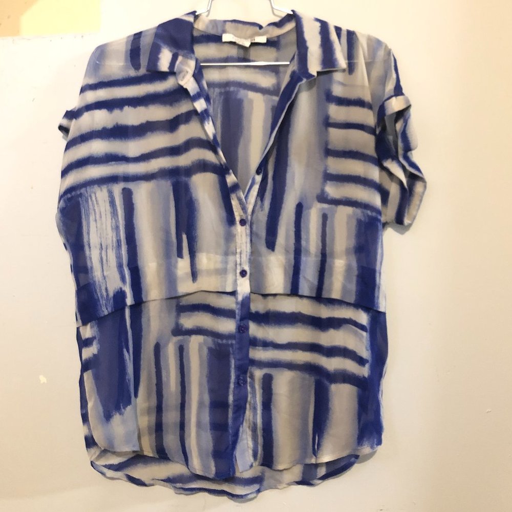 Blue block print modern mega pattern blouse, oversized, Womens Medium